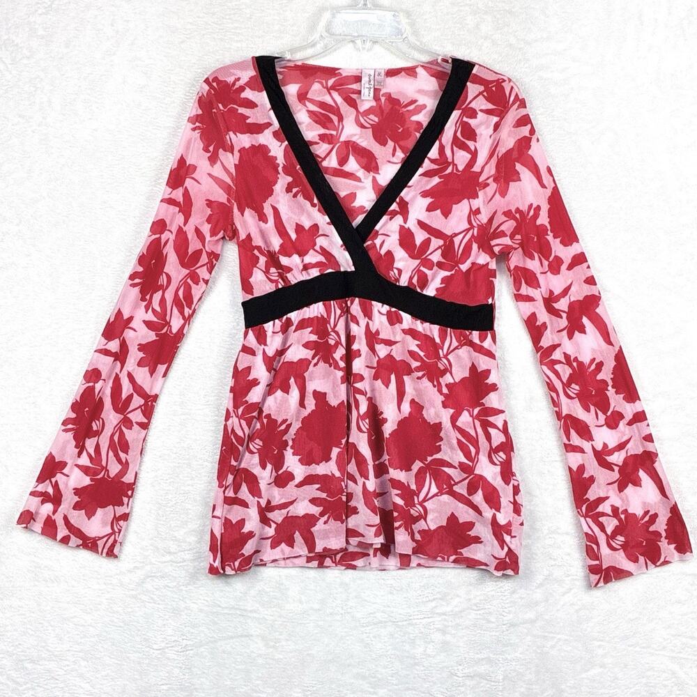 VTG Y2K Babydoll Sheer Mesh Floral Top Womens L Red Pink Going Out Festival BoHo